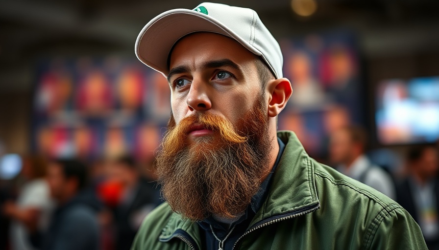 Contemplative man at event with green jacket and white cap.