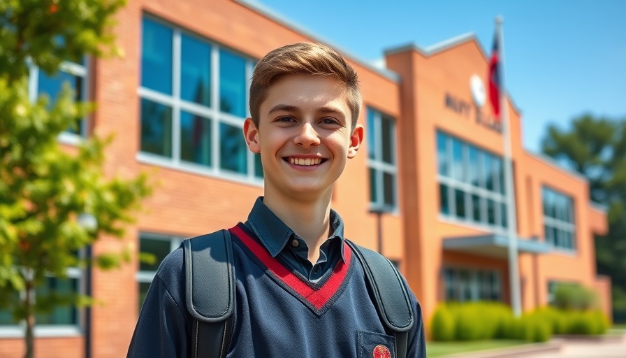 Confident young man in school uniform outside modern building, daytime