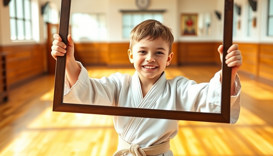 Martial arts class child in Gurnee dojo smiling in karate frame.