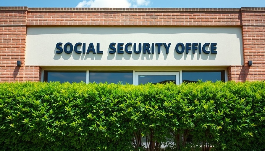 Exterior of Social Security Office, hedges in foreground.
