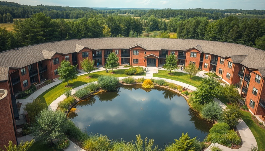 Independent living options Maryland complex with pond and greenery.