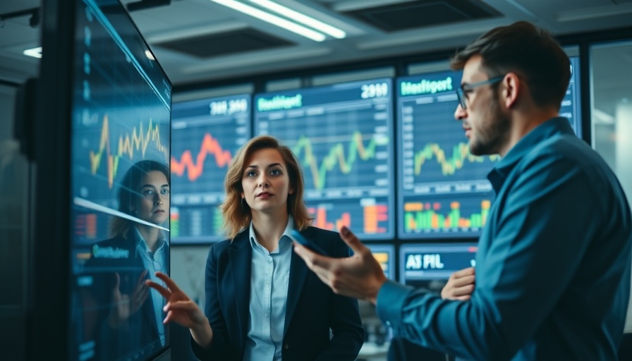 Team discussing data on screen, investing in AI stocks.