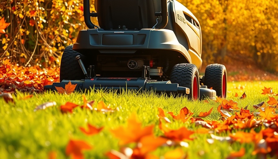 Ride-on mower clearing fall leaves for optimal lawn care.