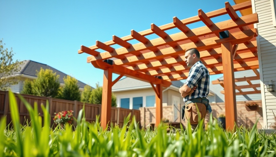 Worker evaluating a backyard pergola; note on landscaping projects' worth.