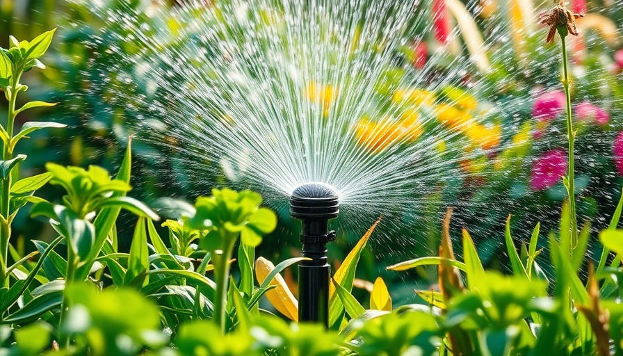 Sprinkler watering garden plants, focus on water spray patterns.