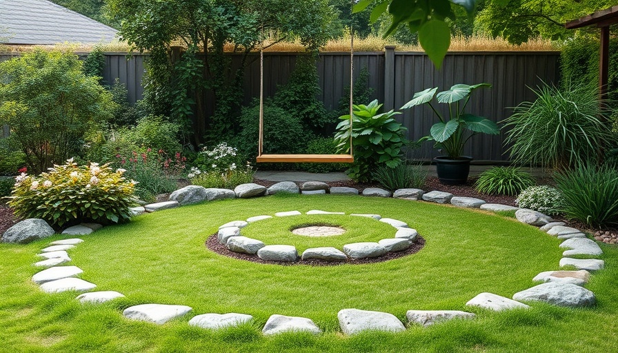 Circular meditation garden with stones and plants.