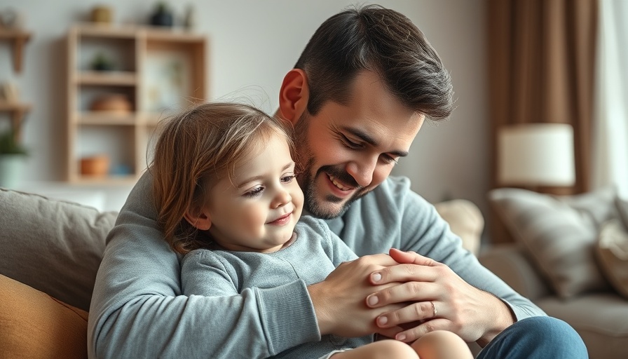 Father comforts daughter in cozy room, soft light.