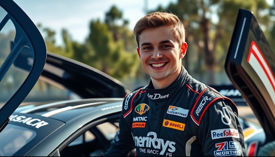 Autistic racing driver smiling confidently beside race car under pressure.