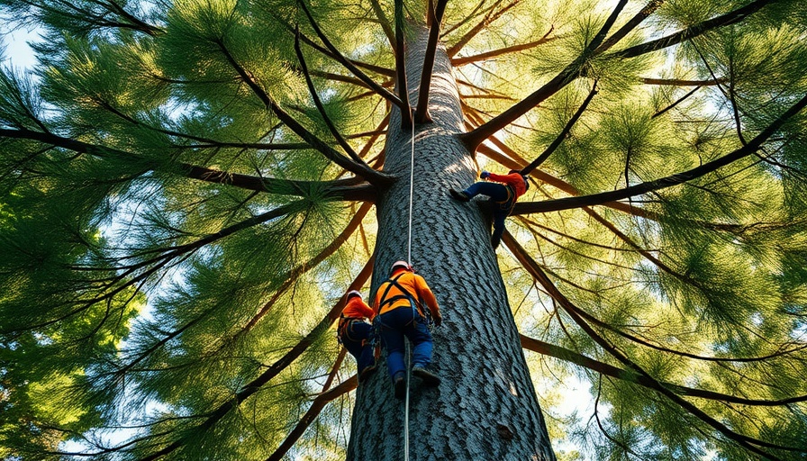 Workers navigating a large fir tree highlighting height loss.