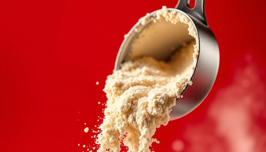 Close-up of protein powder pouring from a scoop, vibrant red background.