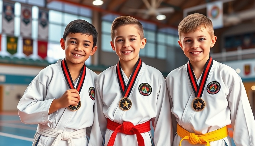 Martial arts champions in karate uniforms showing medals at event