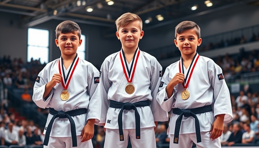 Three young martial artists at a competition with medals.