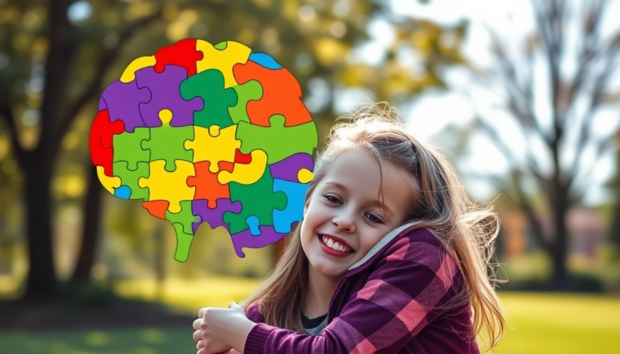 Colorful autism brain silhouette and smiling woman with child.