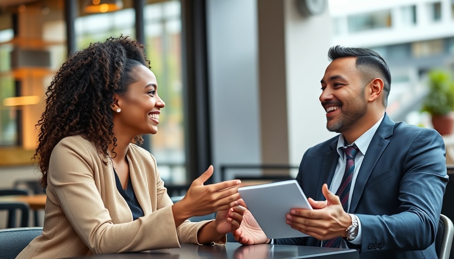 Smiling couple discussing Vanguard fund investment growth at a cafe.