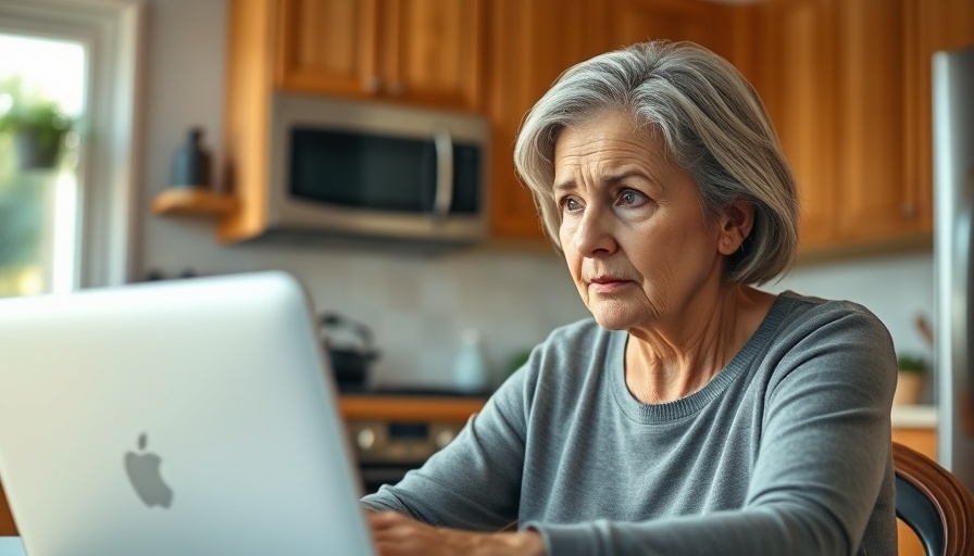 Concerned woman examining laptop in kitchen, middle-class retirement.