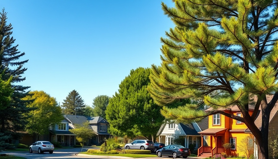 Suburban view with tall trees and charming houses, highlighting tree maintenance services.