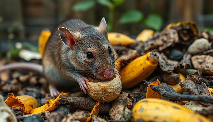 Rat in compost pile with banana peels, illustrating pests prevention.
