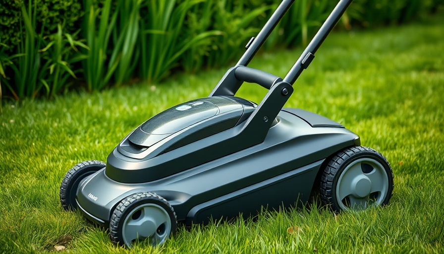Electric lawn mower cutting grass, sleek design in green garden