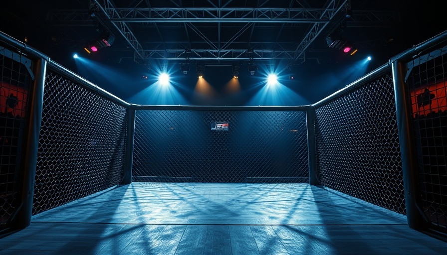Modern MMA strategies showcase in vibrant cage lit by dramatic spotlights.