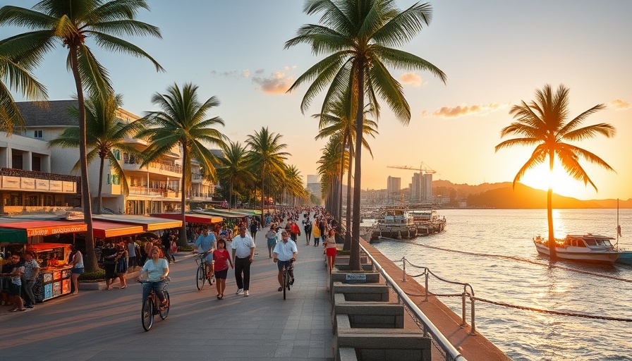 Bustling promenade with vendors and cyclists, tropical sunset.