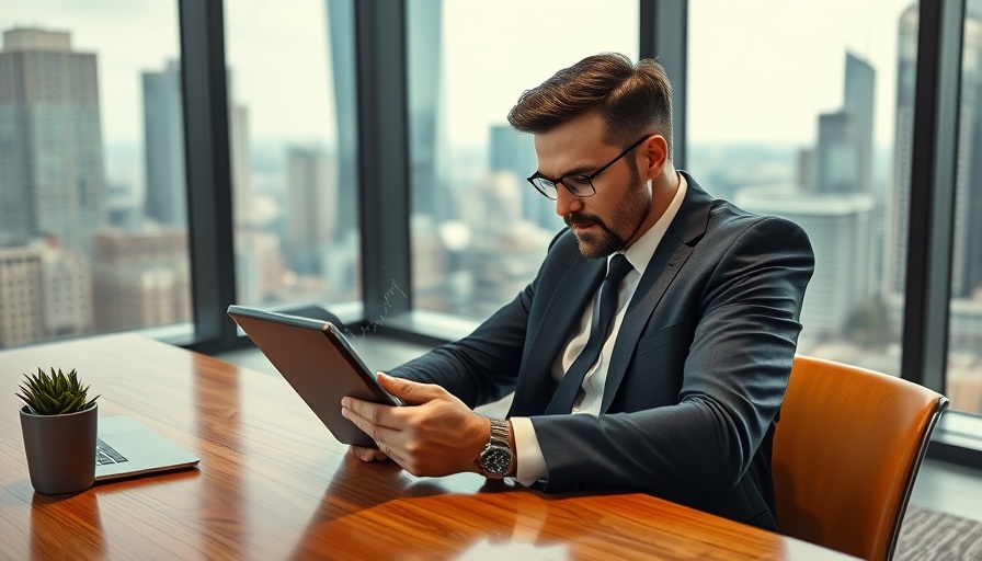 Businessman analyzing stocks on tablet in modern office.