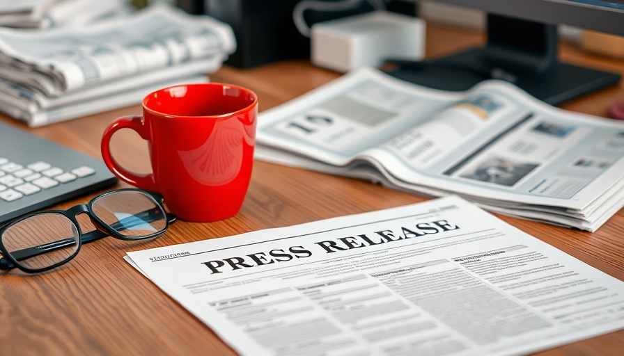 Neat office desk with press release, coffee cup, and glasses.