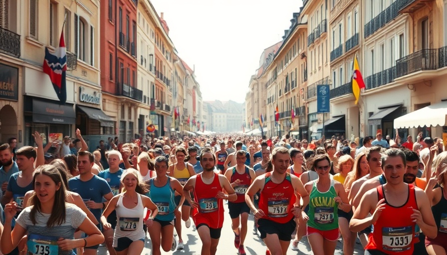 Vibrant race scene with cheering crowd in a European town.