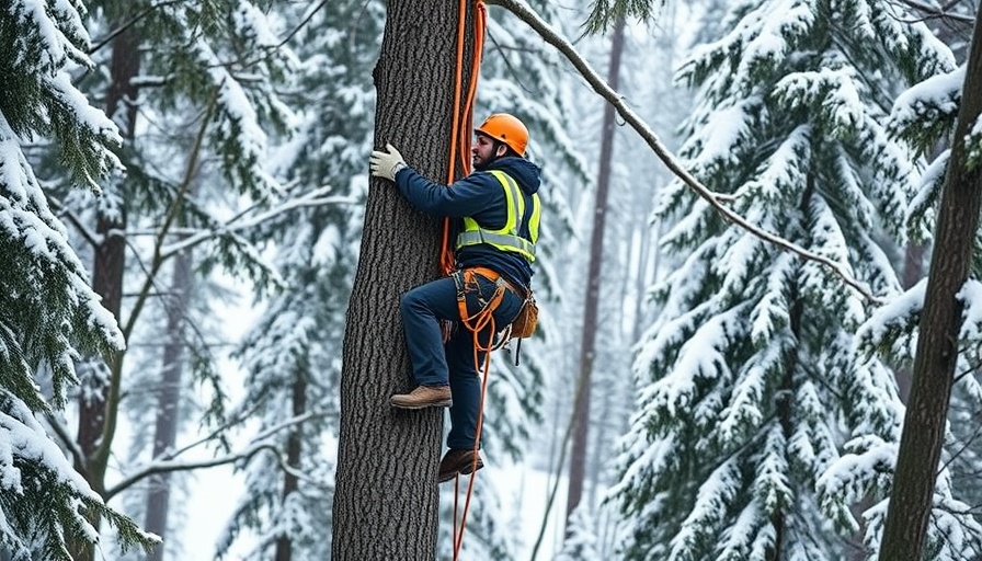Professional tree climber ascends tree in snowy Saskatoon forest.