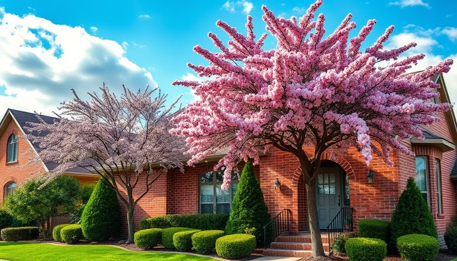Charming brick house with a petite blossoming pink tree in the yard.