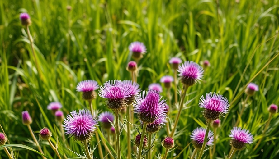 Purple thistle weeds in sunlight, dense meadow foliage