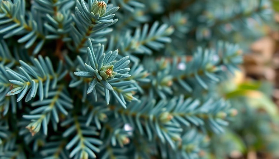Close-up of Blue Star Juniper foliage with dewdrops in natural light.