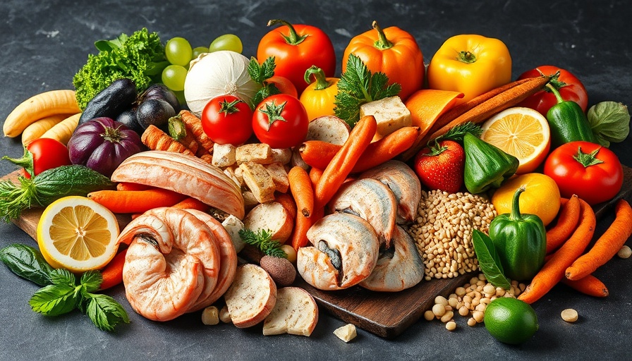 Vibrant Mediterranean diet foods arranged on a dark stone surface.