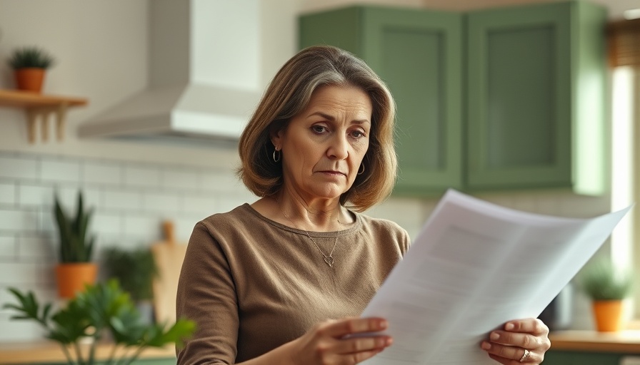 Middle-aged woman reviews bills in kitchen, living on Social Security alone.