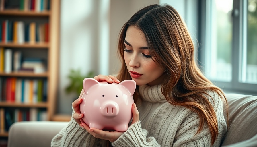 Woman kissing piggy bank at home, best stocks for retirees theme.