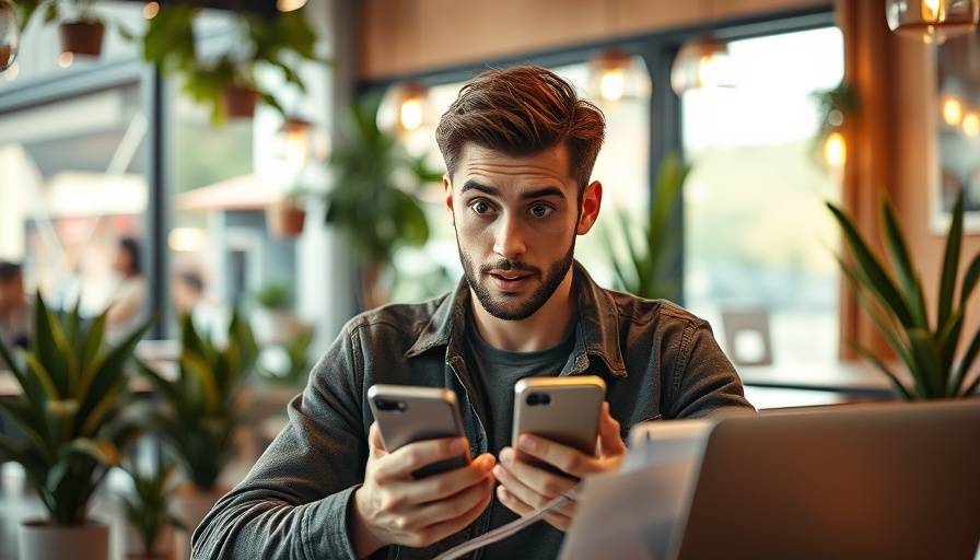 Surprised man looking at phone in cafe, modern investment insight.