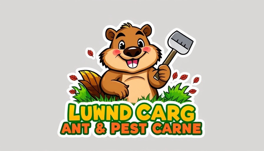 Cartoon groundhog with trowel promoting turf care service.