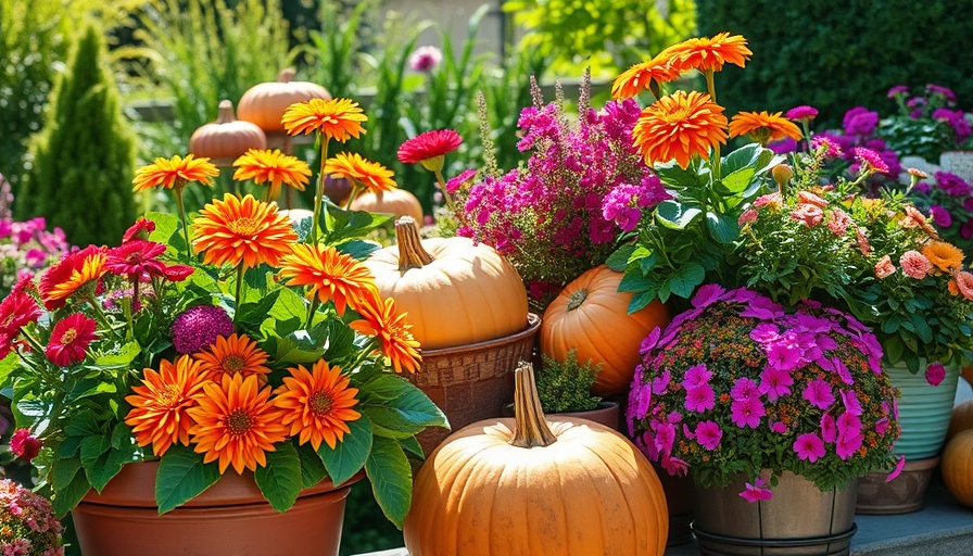Vibrant fall containers in Muskegon with colorful flowers and pumpkins.