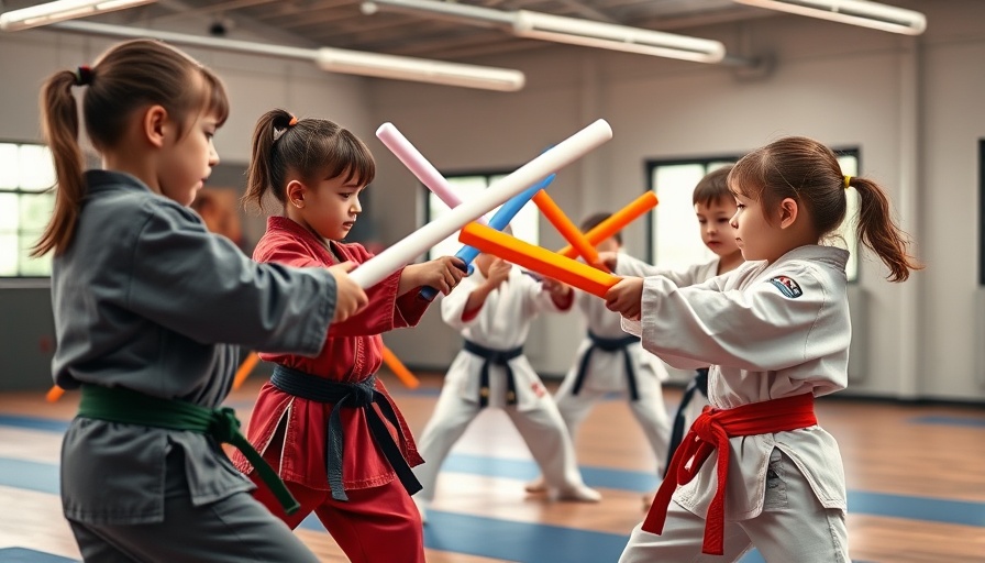 Children practicing martial arts with foam swords in a studio.
