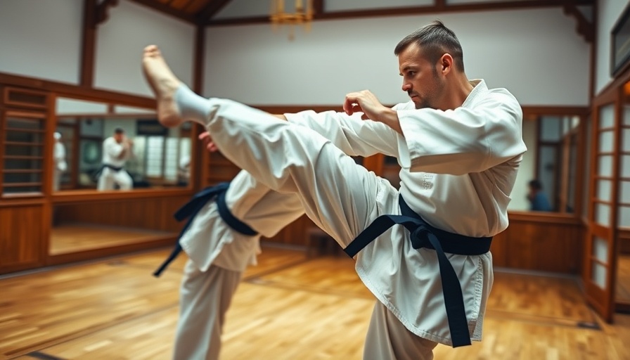 Martial artist practicing kicks in a dojo for injury prevention in training.