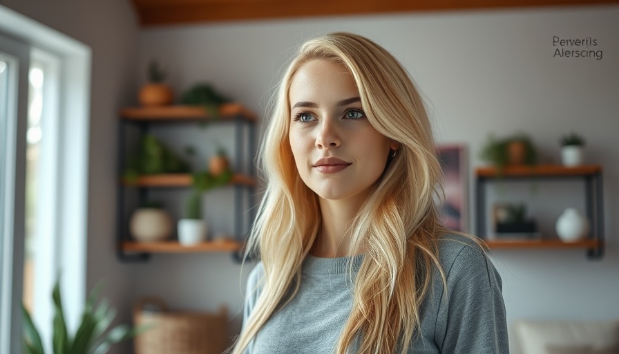 Blonde individual in orange shirt indoors with modern decor.