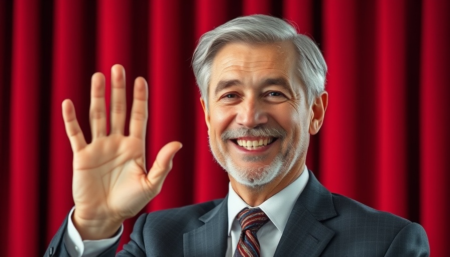Middle-aged man waving at an event.