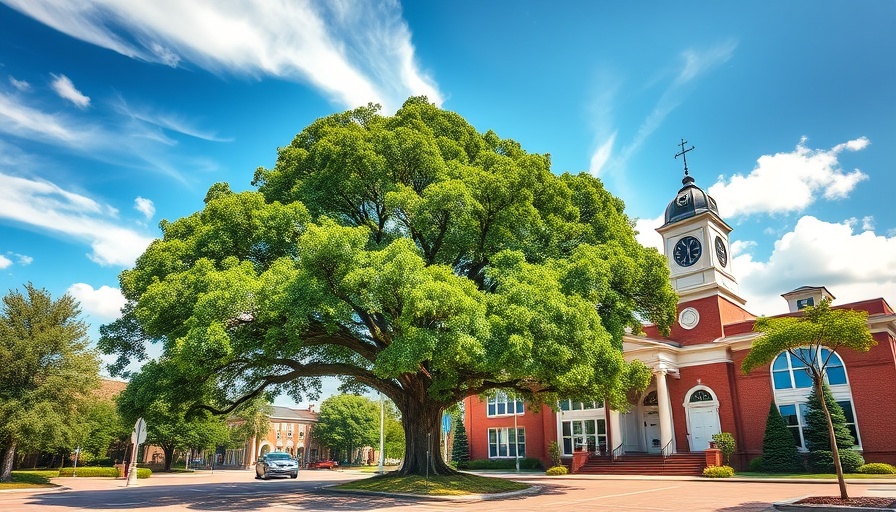 Historic courthouse and oak tree in Shelby Michigan, vibrant town square.