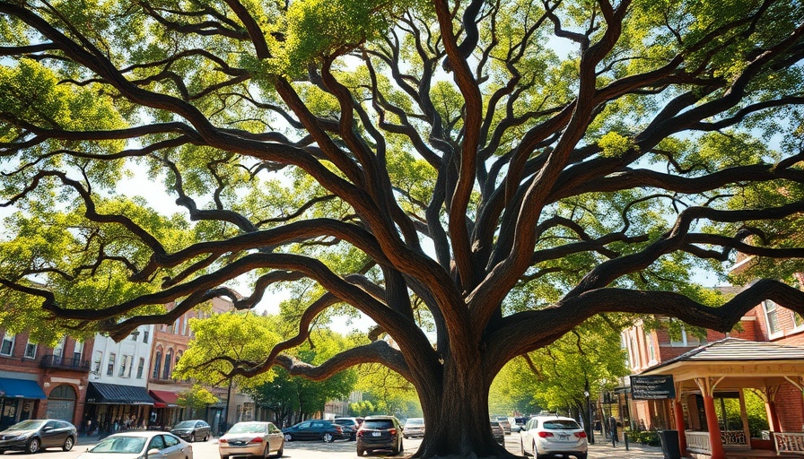 Dade City oak tree preservation in bustling town square with gazebo and cars.