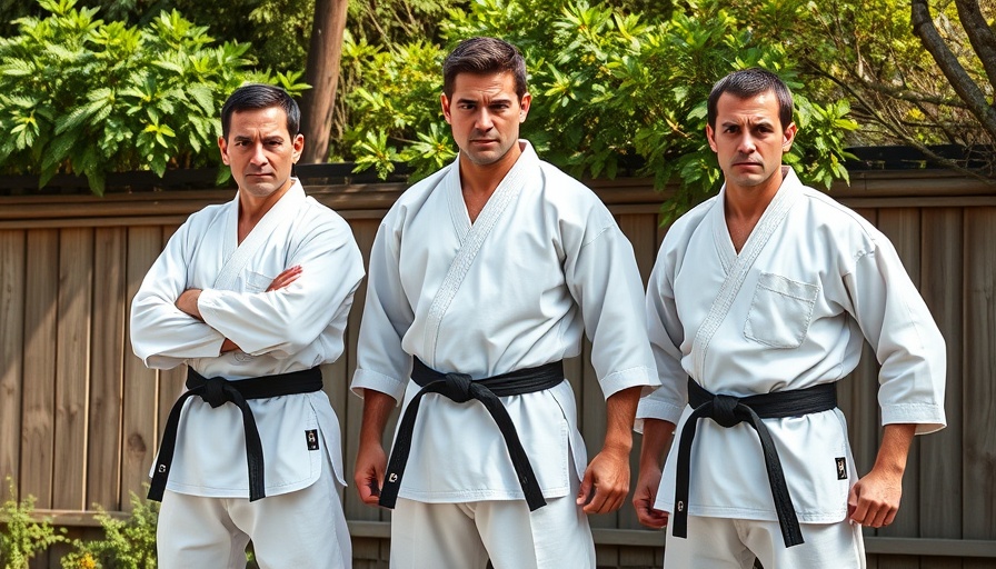 Martial artists in white gis and black belts posing outdoors.