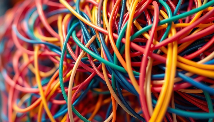 Entangled colorful cables symbolizing IBS flares from stress.