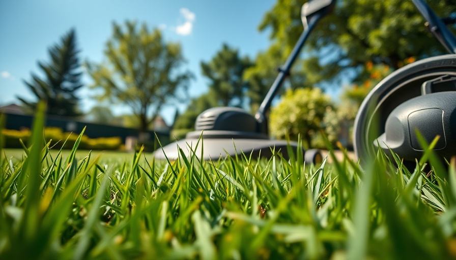 Lawn mower in garden for 50 Yard Challenge, cutting grass.