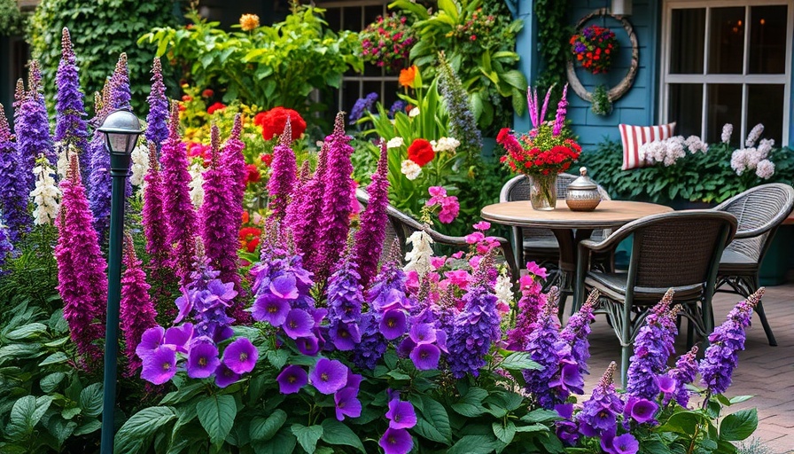 Lush year-round perennial garden with vibrant plants and wicker furniture.