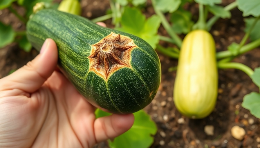 Squash with blossom end rot in a garden, showing prevention needs.