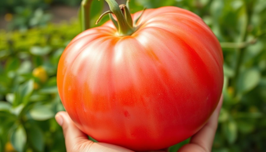 Giant pink tomato held by hand in garden, showcasing giant vegetable varieties.