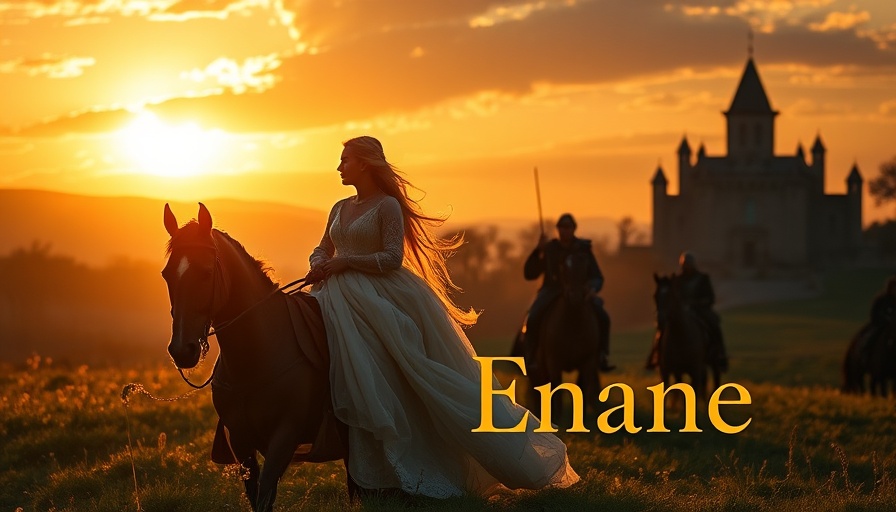 Romantic medieval scene with couple and castle backdrop.